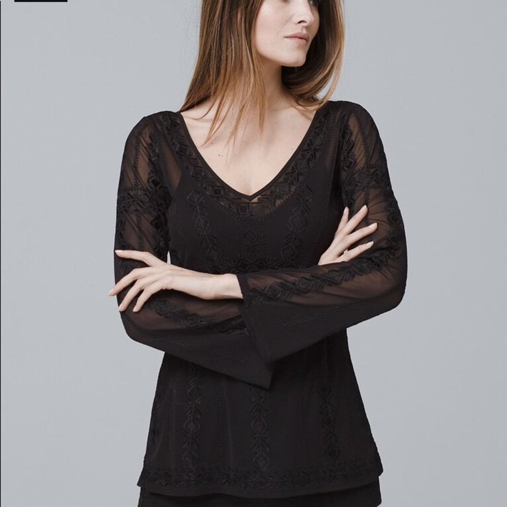WHBM Long Sleeve Embroidered Mesh Top Black Semi Sheer Bohemian Dark Romantic M